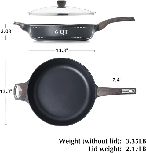 Miniatura 6 de SENSARTE Sartén antiadherente con tapa, 13.3 pulgadas de gran tamaño, sartén profunda de 6 cuartos de galón con tapa antiadherente, sartén de Negro