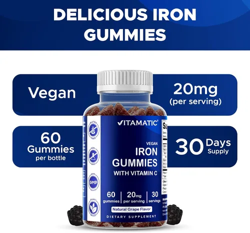 Miniatura 5 de Vitamatic Suplemento de gomitas de hierro para mujeres y hombres, porción de 20 mg, 60 gomitas veganas, vitaminas de gomitas de hierro de gran sabor