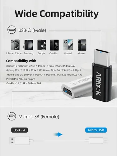 Miniatura 2 de ARKTEK Paquete de 4 adaptadores USB-C macho micro USB hembra tipo C, adaptador de transferencia de datos rápida y carga universal compatible