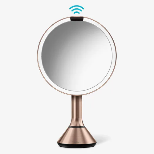 simplehuman Espejo con sensor, espejo de maquillaje iluminado con aumento (5X), espejo redondo de 8 pulgadas con lupa con luces, inalámbrico, acero
