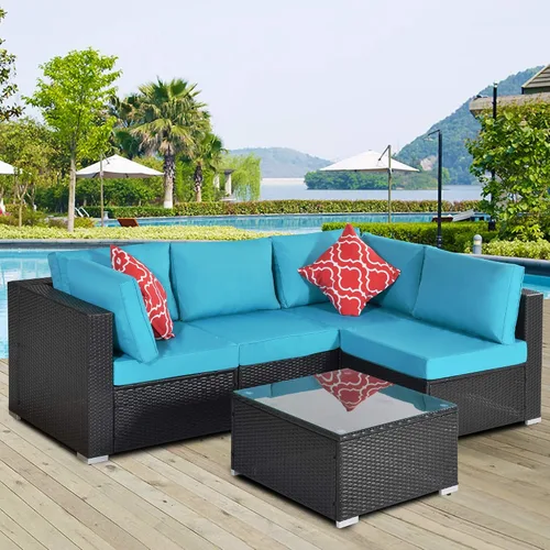 Miniatura 9 de Quarte Juego de muebles de patio de 4 piezas, sofá modular de mimbre de ratán PE para exteriores con acolchado y almohada, para porche, césped, Gris