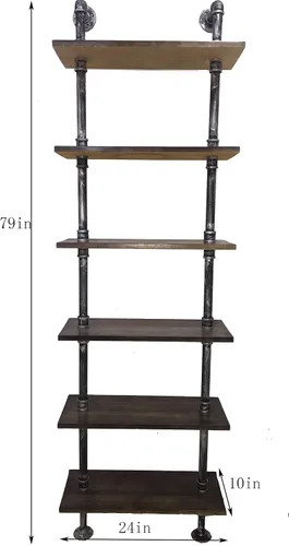 Miniatura 3 de Industrielles Bücherregal, 6 Ebenen, modernes Leiterregal, Holzregal, Ausstellungsregal, Wandmontage, Metallregal, Bücherregal, Vintage Schmiedeeisen