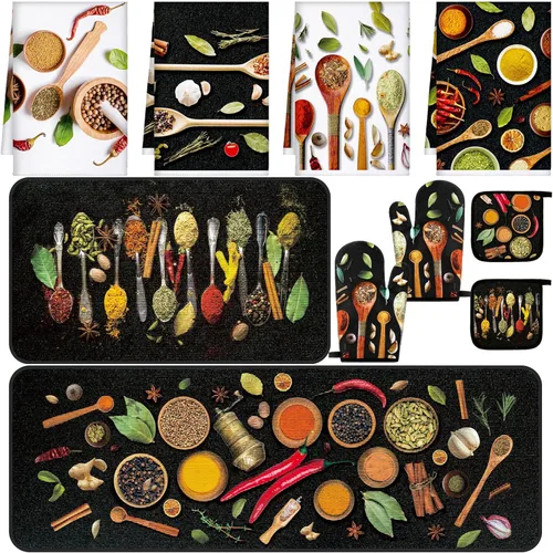 Miniatura 29 de Fourluoo Juego de 10 piezas de decoración y accesorios de cocina de granja, 4 toallas de cocina, 2 soportes para ollas, 2 guantes de horno, 2 Verde