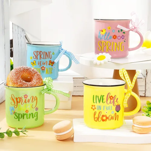 Miniatura 3 de Whaline 4 mini tazas de café de primavera con cinta a cuadros, diseño de flores de dibujos animados, mariposa, mini taza para beber, bandeja
