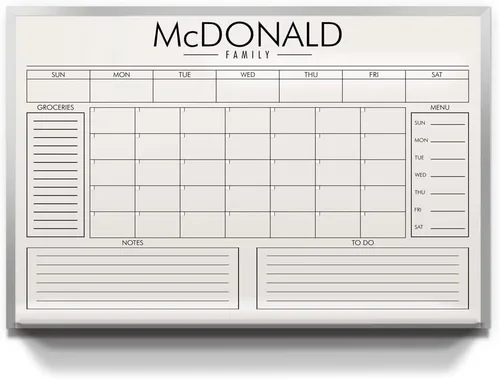 Pizarra blanca personalizada de borrado en seco de 24 pulgadas de ancho x 18 pulgadas de alto con nombre personalizado, calendario familiar mensual