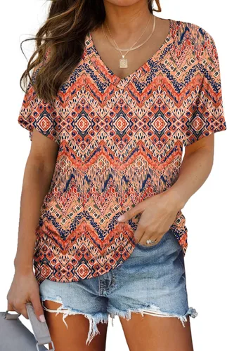 Miniatura 19 de WIHOLL - Camisetas de manga corta con cuello en V para mujer, holgadas, con fruncido lateral