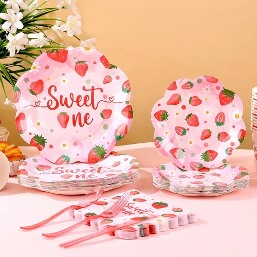 Miniatura 3 de Decoraciones de primer cumpleaños de fresa para niña, platos de primer cumpleaños de fresa para 24, platos de fresa, decoraciones de primer