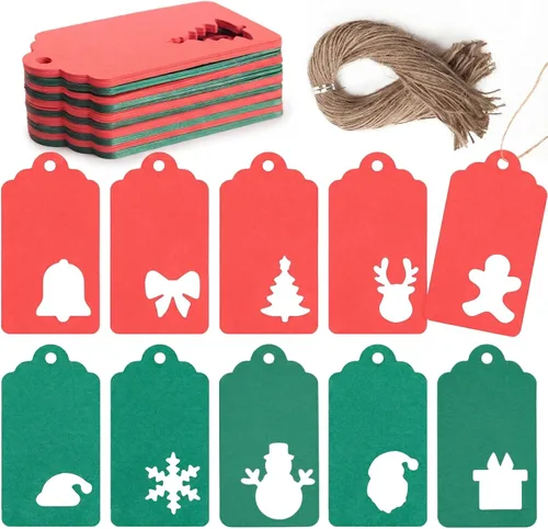 SallyFashion 100 etiquetas de Navidad con cuerdas, etiquetas huecas de papel de regalo, etiquetas de nombre de Navidad para regalos, etiquetas
