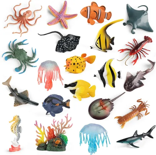Figuras de Juguetes de Animales Marinos 21 Piezas, Criatura Marina de Plástico Tiburón Pez Estrella de Mar Cangrejo Langosta Pulpo Caballito de Mar