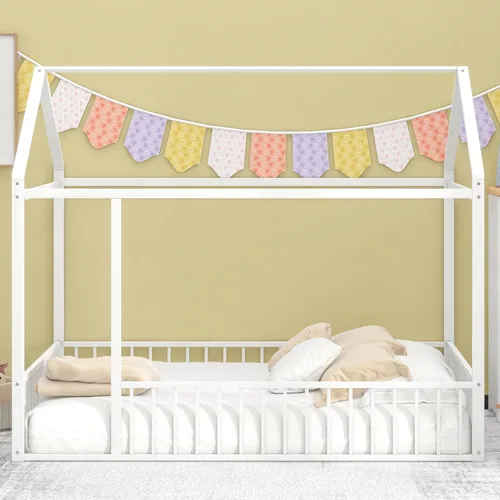 Miniatura 13 de CITYLIGHT Cama de casa tamaño individual para niños, cama Montessori de metal con diseño de valla, cama de suelo individual con rieles para niñas