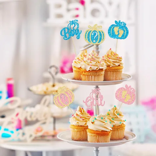 Miniatura 6 de 24 adornos para cupcakes de calabaza para niños o niñas con purpurina para revelación de género, decoración para cupcakes de calabaza, pies