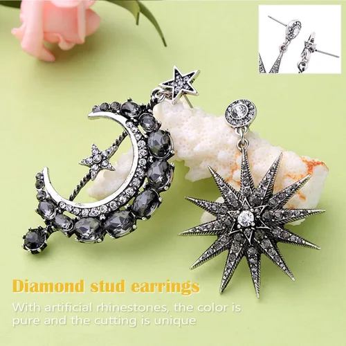 Miniatura 6 de MINIDUO aretes de luna y estrella para niñas, joyas, a la moda, aretes colgantes, para mujer, aleación, Negro