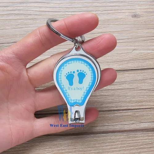 Miniatura 3 de 12 llaveros personalizados para baby shower, color azul niño, cortaúñas y abrebotellas, regalo personalizado con grabado láser (huella)