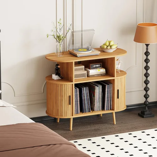 Miniatura 6 de Soporte para tocadiscos de 35.4 pulgadas con almacenamiento, gabinete de almacenamiento de discos de vinilo y consola multimedia con capacidad