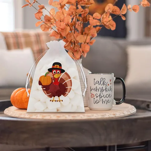 Miniatura 7 de Whaline 48 bolsas de organza de otoño con cordón de pavo, calabaza, espantapájaros, palabras, bolsas de regalo, bolsa de regalo de joyería, bolsa