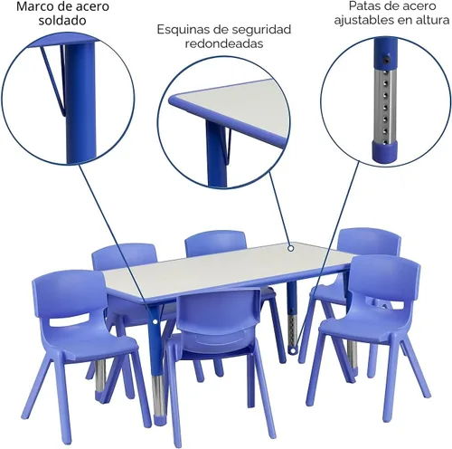 Miniatura 3 de Conjunto Flash Furniture de mesa resctangular y 6 sillas apilables, de plástico, con 6 sillas apilables para escuela, Acero, Azul