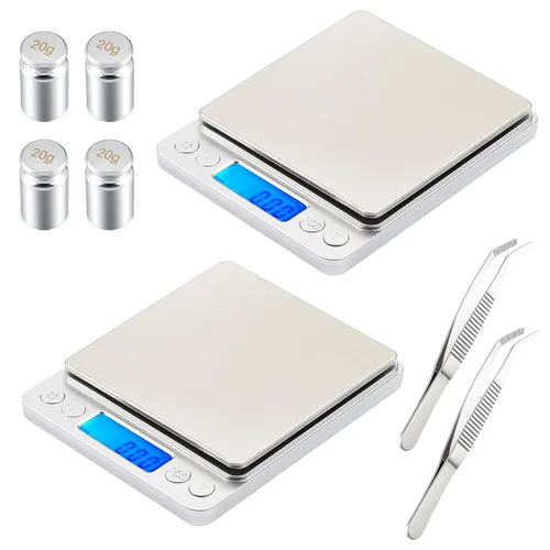 Copkim Paquete de 2 básculas digitales de gramos, 17.64 oz/0.00 oz, báscula portátil de joyería para alimentos con accesorios de peso de calibración