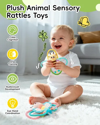 Miniatura 2 de Jollybaby Sonajeros suaves para bebés y juguete de anillos de peluche para recién nacidos de 0-3-6-12 meses, juguetes sensoriales y de desarrollo