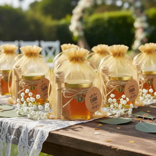 Miniatura 8 de Adabocute Mini tarros de miel – Tarro hexagonal de miel de vidrio con tapas doradas, cubos de madera, abalorios de abeja y yutes – Pequeños tarros
