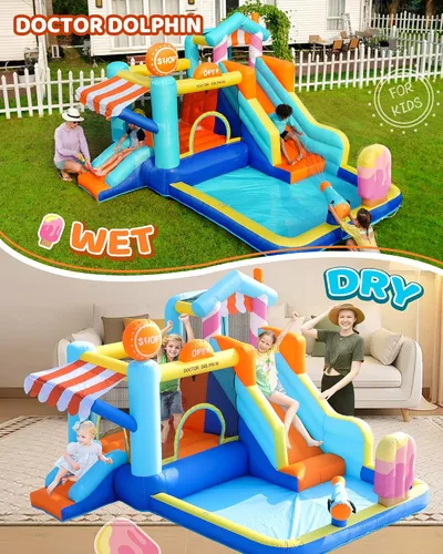 Miniatura 5 de Doctor Dolphin Casa de rebote de agua, parque inflable de tobogán acuático para niños, patio trasero, diversión al aire libre de verano con pistola