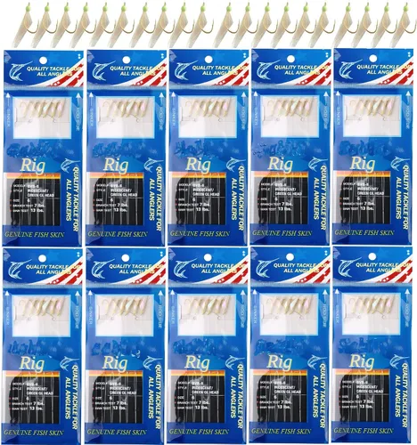 Aparejos de pesca de agua salada, 10 paquetes de aparejos de pesca de surf con piel de pescado, anzuelos de pesca de plumas giratorias, cuentas BVB