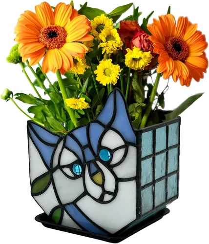Miniatura 11 de Macetas Tiffany Lindas con Gatos de Vidrio Manchado, Para Plantas de Interior y Exterior, Maceta de Plantas con Gato Negro, Portavelas Contenedor