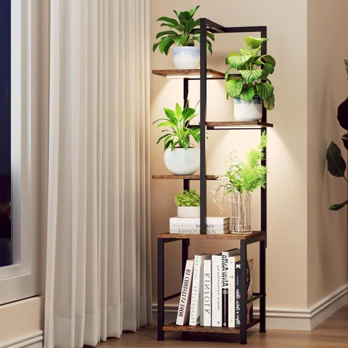 Soporte para plantas de interior con luz de crecimiento, soporte alto para plantas de 5 niveles para interiores, estante de metal para plantas con