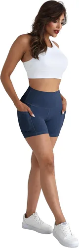 Miniatura 3 de CHRLEISURE Paquete de 4 pantalones cortos de yoga de elastano con bolsillos para mujer, pantalones cortos de entrenamiento de cintura alta