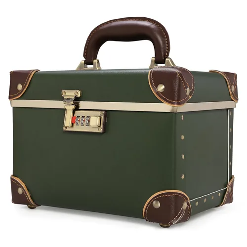 Miniatura 9 de urecity Estuche de maquillaje vintage de piel artificial, organizador profesional de cosméticos con cerradura de combinación de metal, caja