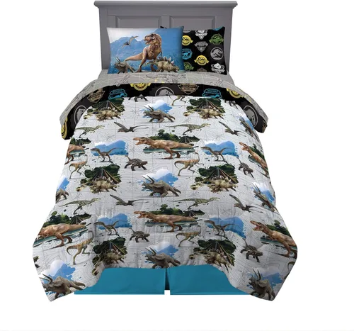 Franco - Juego de ropa de cama para niños, edredón y sábanas supersuaves con funda de almohada, 5 piezas, tamaño individual, Jurassic World, 6A1348