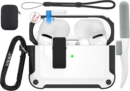 Valkit Funda Compatible con Airpods Pro de 2ª/1ª Generación con Kit de Limpieza, Funda Militar para AirPod Pro 2 con Candado y Cordón, Funda Blanco