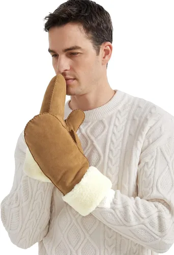 Miniatura 3 de Surblue Manoplas de gamuza de oveja de invierno para hombre, piel de oveja de alta calidad, cálido puño grueso forrado de lana de cordero