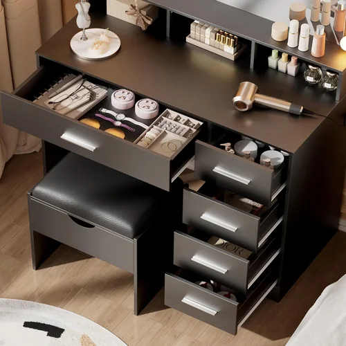Miniatura 9 de ERLEJIA Escritorio de tocador con espejo y luces, mesa de maquillaje de espejo grande de 35.43 pulgadas con taburete, 5 cajones para dormitorio