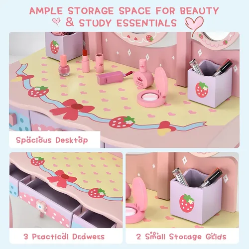 Miniatura 5 de Olakids Juego de tocador y silla de madera de fresa rosa 2 en 1 para niños pequeños con espejo de tres pliegues, taburete, cajones
