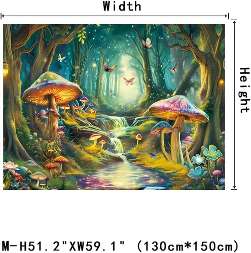 Miniatura 7 de Tapiz de Hongos con Luz Negra Reactivo a UV, Tapiz de Paisaje de Bosque Brumoso, Fantasía de Hadas en País de las Maravillas con Mariposas