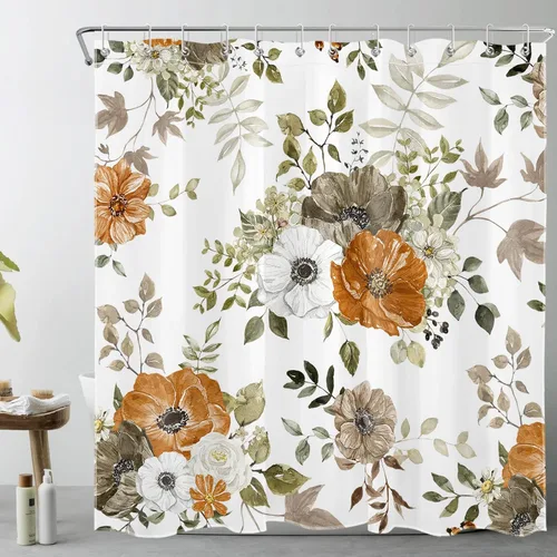 Miniatura 8 de LB Cortina de ducha floral de otoño, flores silvestres blancas y naranjas y hojas de arce gris sobre tela beige con ganchos, juego de baño botánico