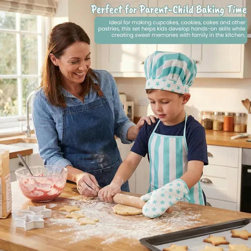 Miniatura 5 de Juego de delantal y gorro de chef para niños, 3 piezas, kits de cocina y horneado para niños, juguete de juego de roles para niños, regalo de cocina