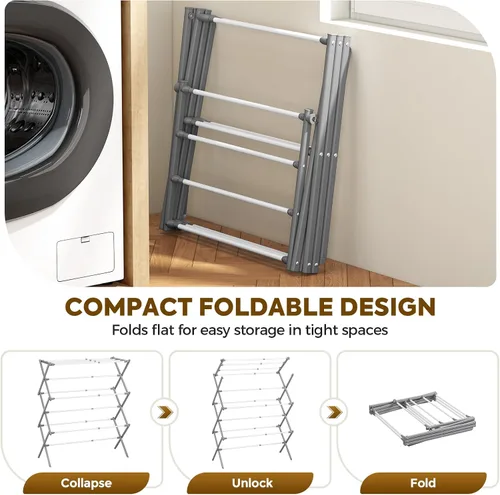 Miniatura 6 de KINGBOARD Tendedero de secado de ropa, plegable con 11 postes, estante de secado de ropa de 3 niveles, estante de secado de ropa pequeño plegable