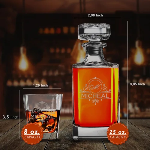 Miniatura 4 de Juego de decantador de whisky personalizado con 4 vasos, monograma grabado personalizado, nombre inicial, 25.4 fl oz, juego de regalo para hombres