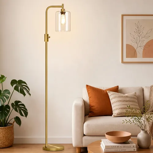 Miniatura 12 de 【Actualizada】Lámpara de pie regulable para sala de estar con pantalla de cristal, lámpara de pie moderna de níquel cepillado con bombilla LED de 900
