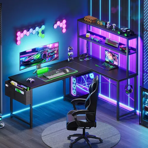 Miniatura 2 de AODK Escritorio en forma de L para juegos con luz LED y toma de corriente, mesa de computadora reversible en forma de L de 53 pulgadas con estante