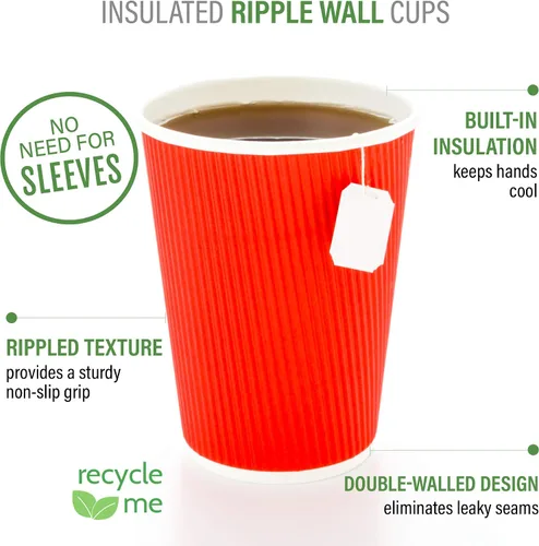 Miniatura 4 de Restaurantware 12 onzas Tazas de papel desechables con pared ondulada para café, 500 vasos de papel aislados color rojo medianoche con diseño