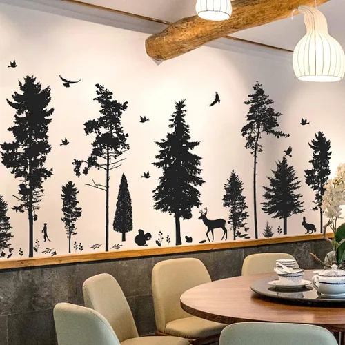 Miniatura 2 de Vinilo adhesivo de pared de pino, 9 árboles, ciervos, pájaros, conejos, bosques y naturaleza, removible de vinilo negro de alta calidad para niños