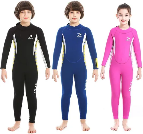Traje de neopreno completo de 0.098 pulgadas para niños, traje de baño de una pieza para niños y niñas, traje de buceo con cremallera trasera para
