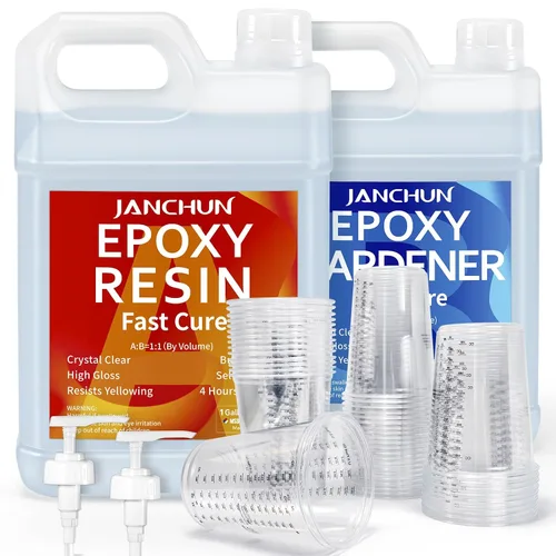 JANCHUN Kit de resina epoxi, 4 galones, curado rápido, transparente, alto brillo, autonivelante, sin amarillamiento, con taza medidora, escala