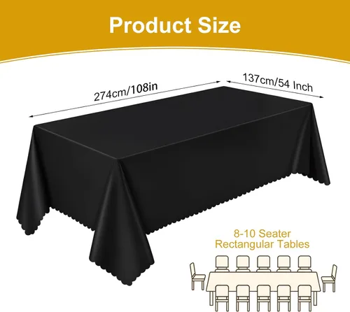 Miniatura 2 de 3 Pack Plastic Black Tablecloth, 54 X 108Inch Disposable Scalloped Dessert Table Coth for Rectangle Tables Waterproof Outdoor Table Cover for BBQ