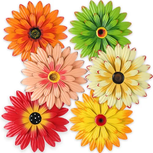 Miniatura 8 de Photect 6 piezas de flores de metal para colgar al aire libre, margaritas de metal para decoración de pared, flores 3D de múltiples capas