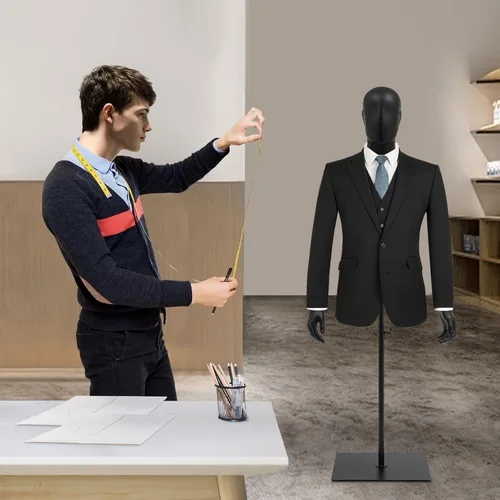 Miniatura 6 de Vestido masculino con forma de maniquí de medio cuerpo, 51-79 pulgadas de altura ajustable con soporte, brazos desmontables de costura modelo Negro