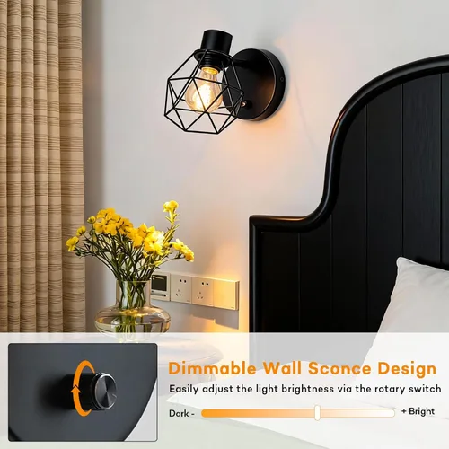 Miniatura 2 de Lightess Aplique de pared negro con interruptor de atenuación y apagado, lámpara de pared vintage con cabezal ajustable, lámpara de pared industrial
