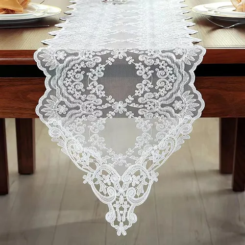 Miniatura 2 de Hsvanyr Camino de mesa de encaje blanco bordado pequeño bufanda clásica rectangular macramé mesa decoración de tocador 12 pulgadas x 27 pulgadas